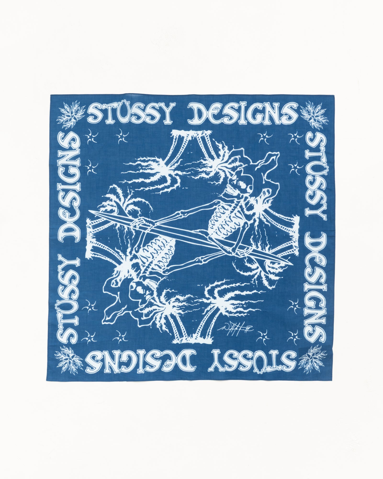 Bandana Unisex In Blue with white graphic artwork and Stussy Designs border lettering