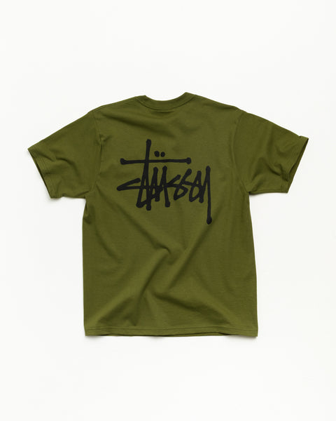 T-shirt unisexe Stüssy Basic à manches courtes en coton olive, grand logo au dos
