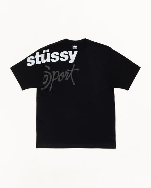 Black cotton short sleeve tee with large two-tone Stüssy Sport front graphic