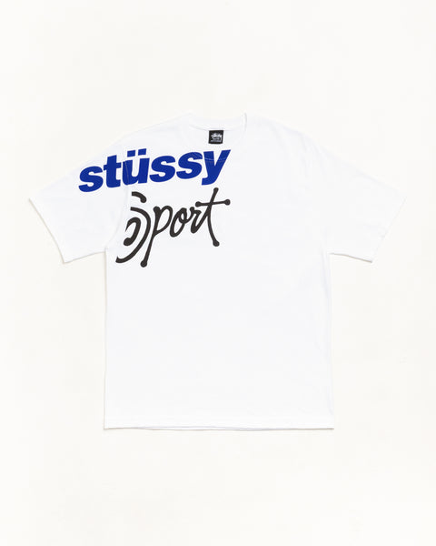White unisex short sleeve tee with bold blue and black Stussy Sport front print