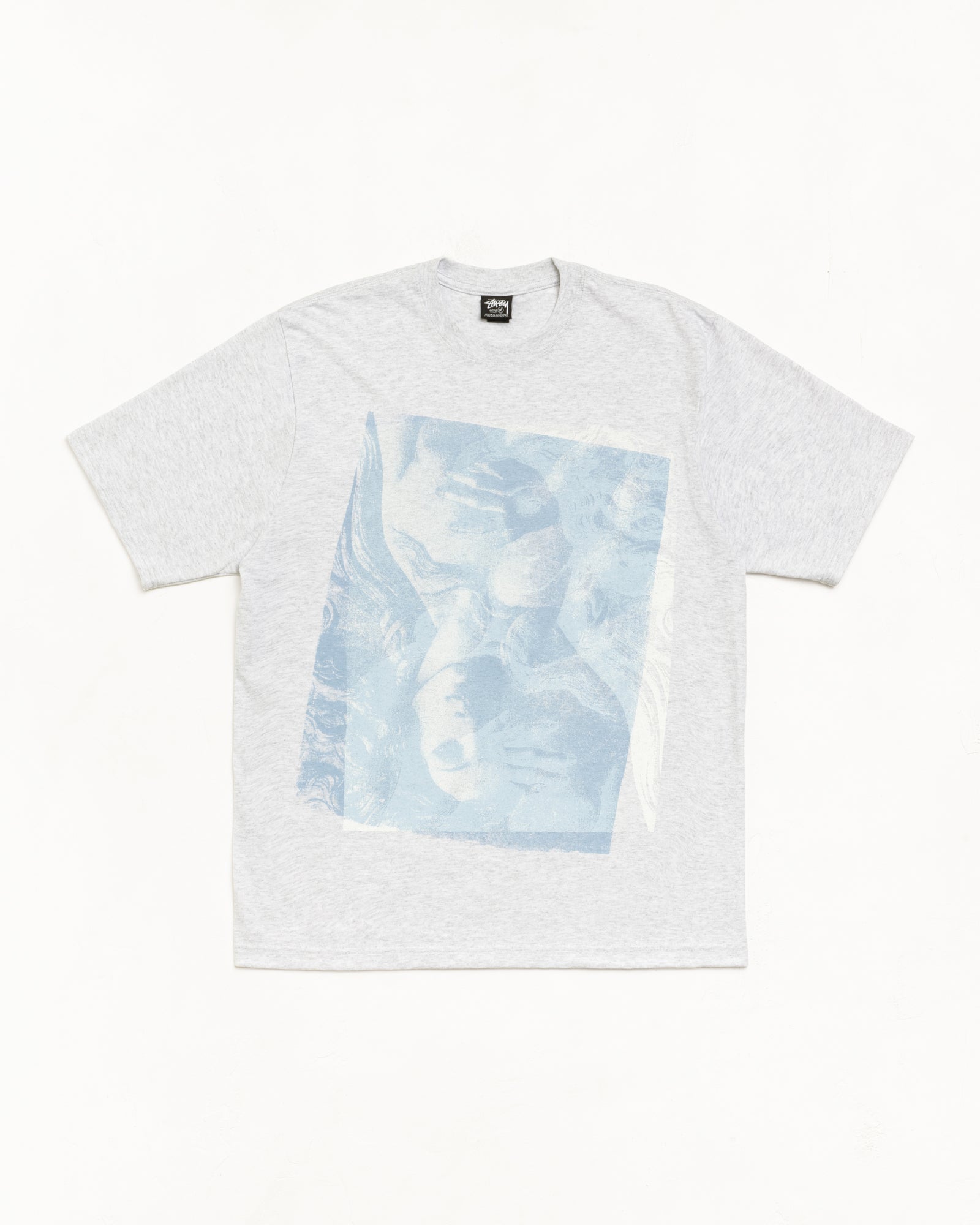 Ash heather short-sleeve tee with oversized pale blue graphic, unisex cotton jersey