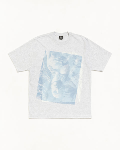 Ash heather short-sleeve tee with oversized pale blue graphic, unisex cotton jersey
