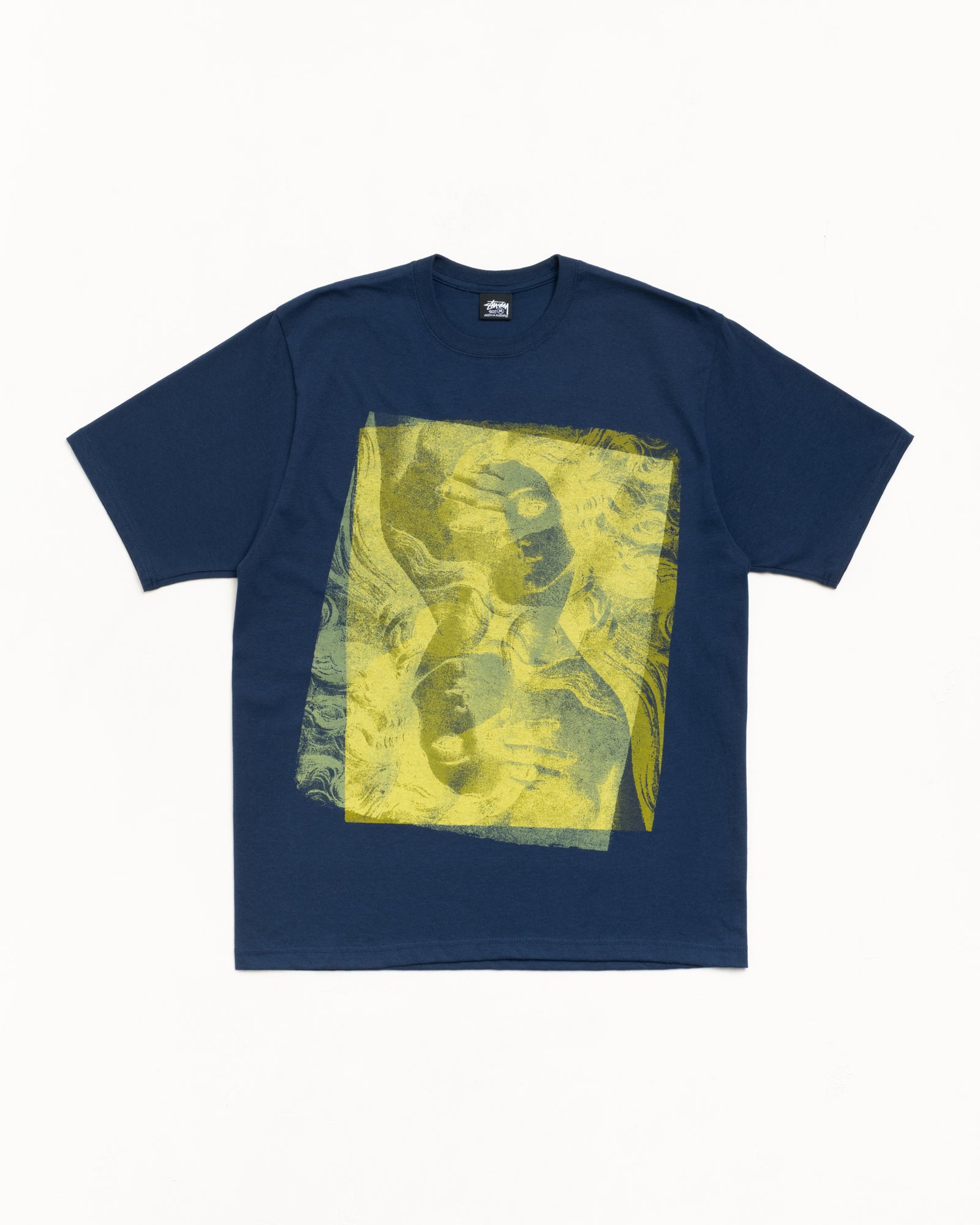 Navy unisex short-sleeve tee with large yellow graphic print on front
