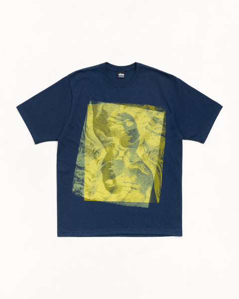 Navy unisex short-sleeve tee with large yellow graphic print on front