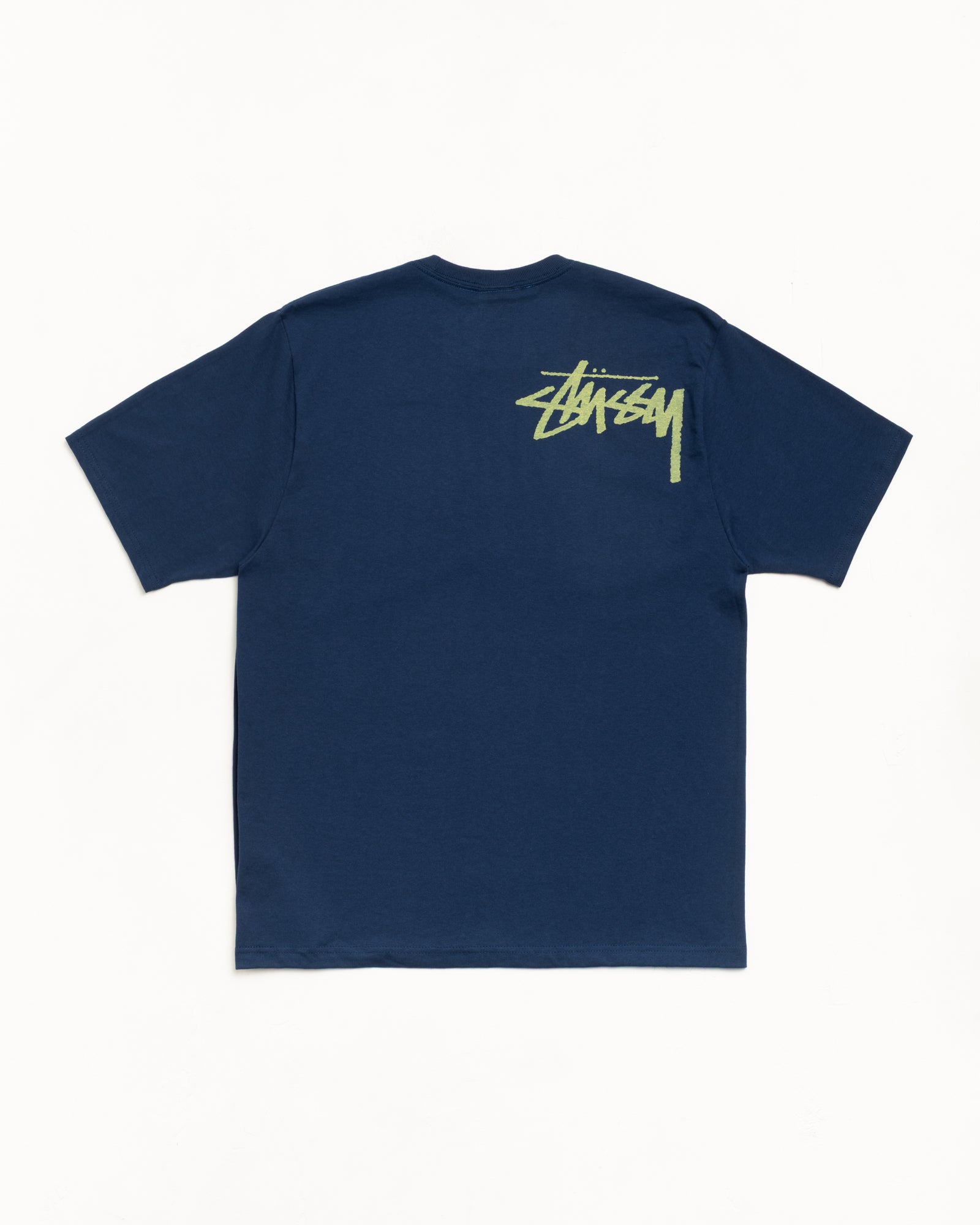 Navy cotton short-sleeve tee with lime back logo print