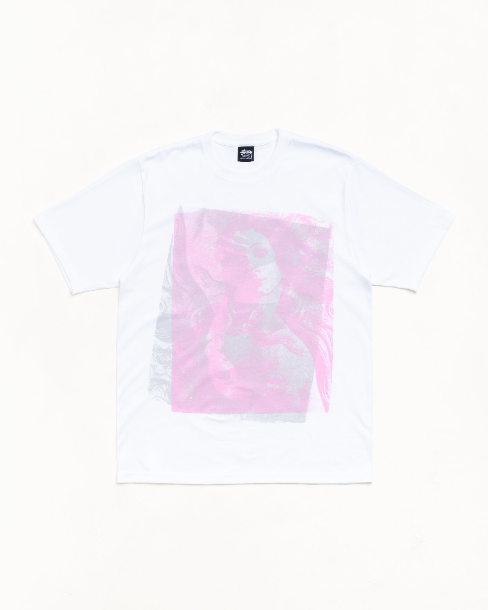 Unisex Short Sleeve Tee In White With Pink And Grey Front Graphic