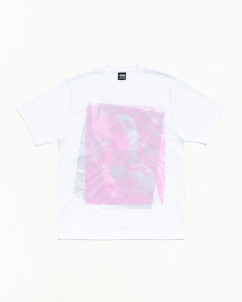 Unisex Short Sleeve Tee In White With Pink And Grey Front Graphic