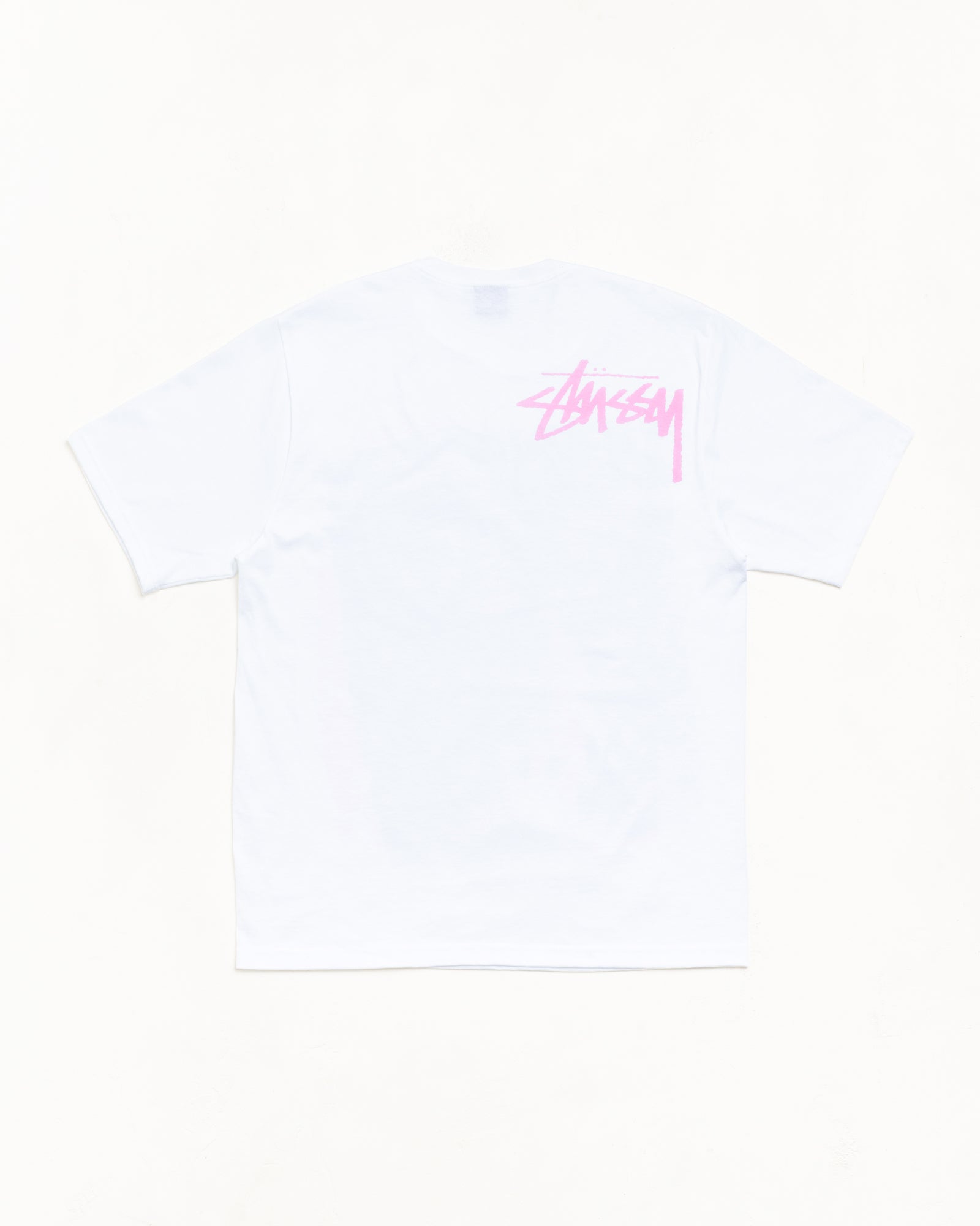White short sleeve tee with pink script logo at upper back, unisex fit