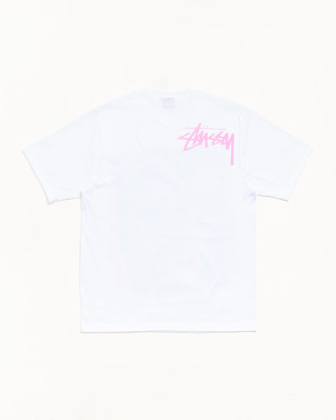 White short sleeve tee with pink script logo at upper back, unisex fit