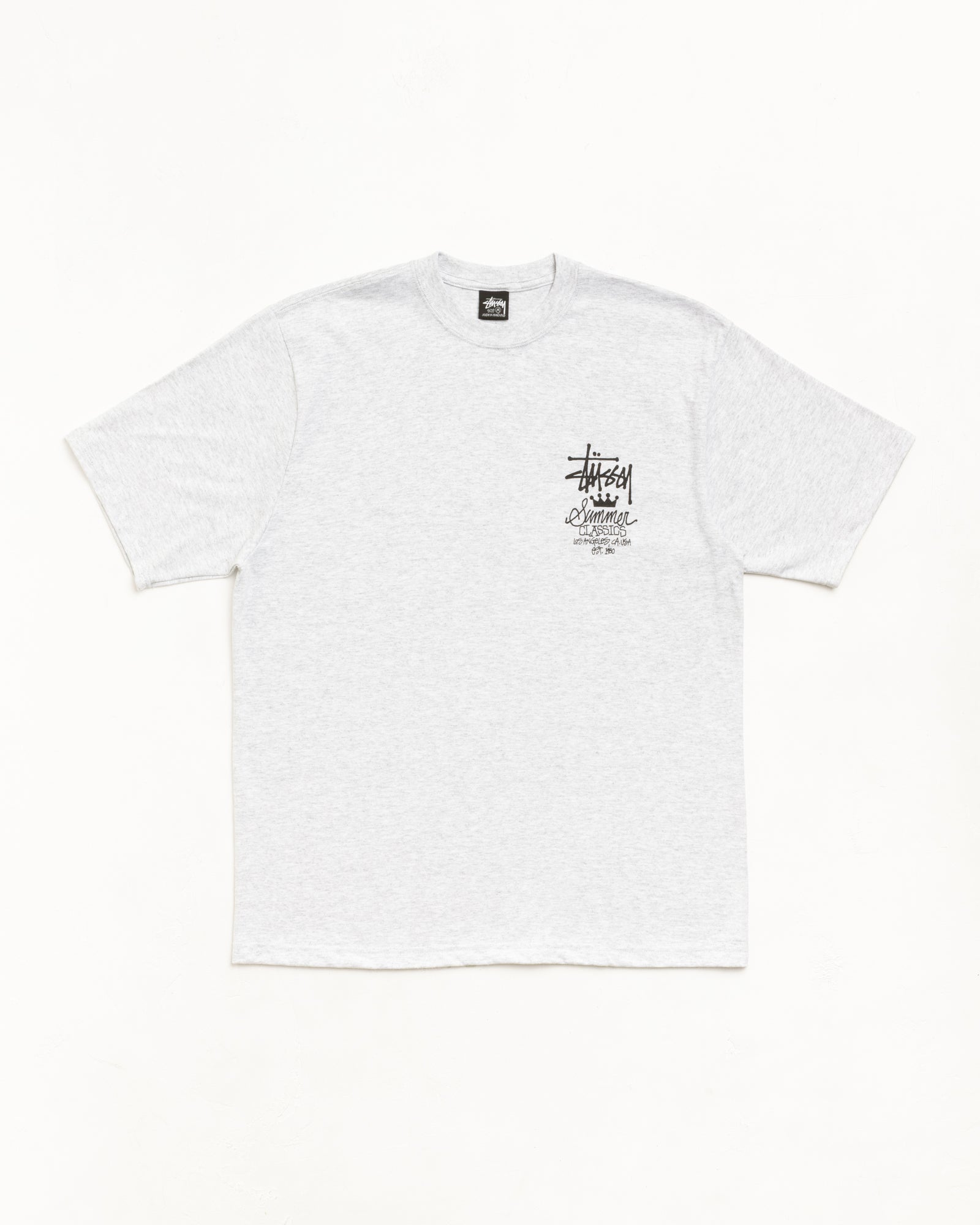 Unisex short sleeve tee in ash heather, ribbed crewneck, small chest print