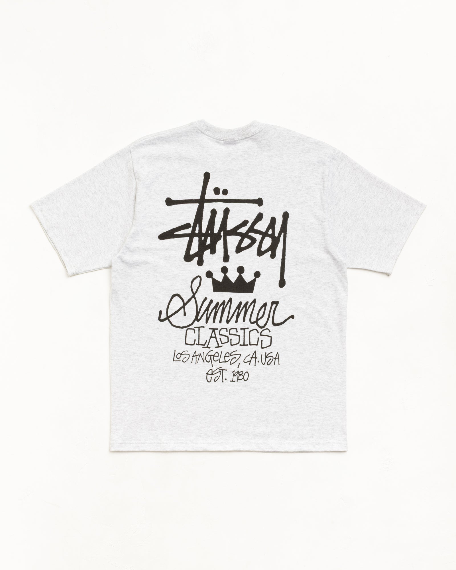 Ash heather short-sleeve tee with oversized black back graphic and ribbed crewneck
