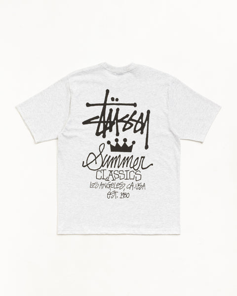 Ash heather short-sleeve tee with oversized black back graphic and ribbed crewneck