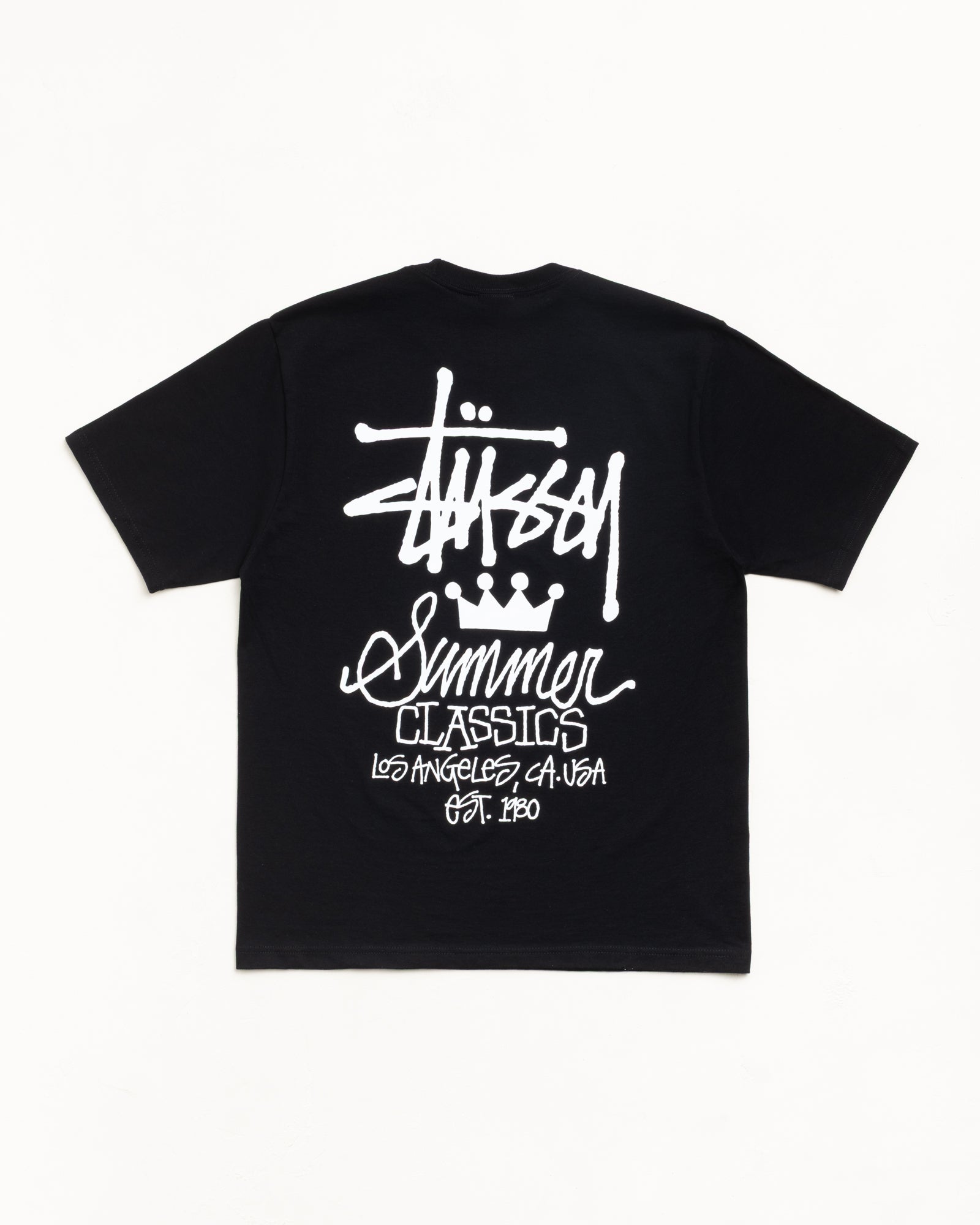 Black short-sleeve tee with large white back graphic print, unisex cotton