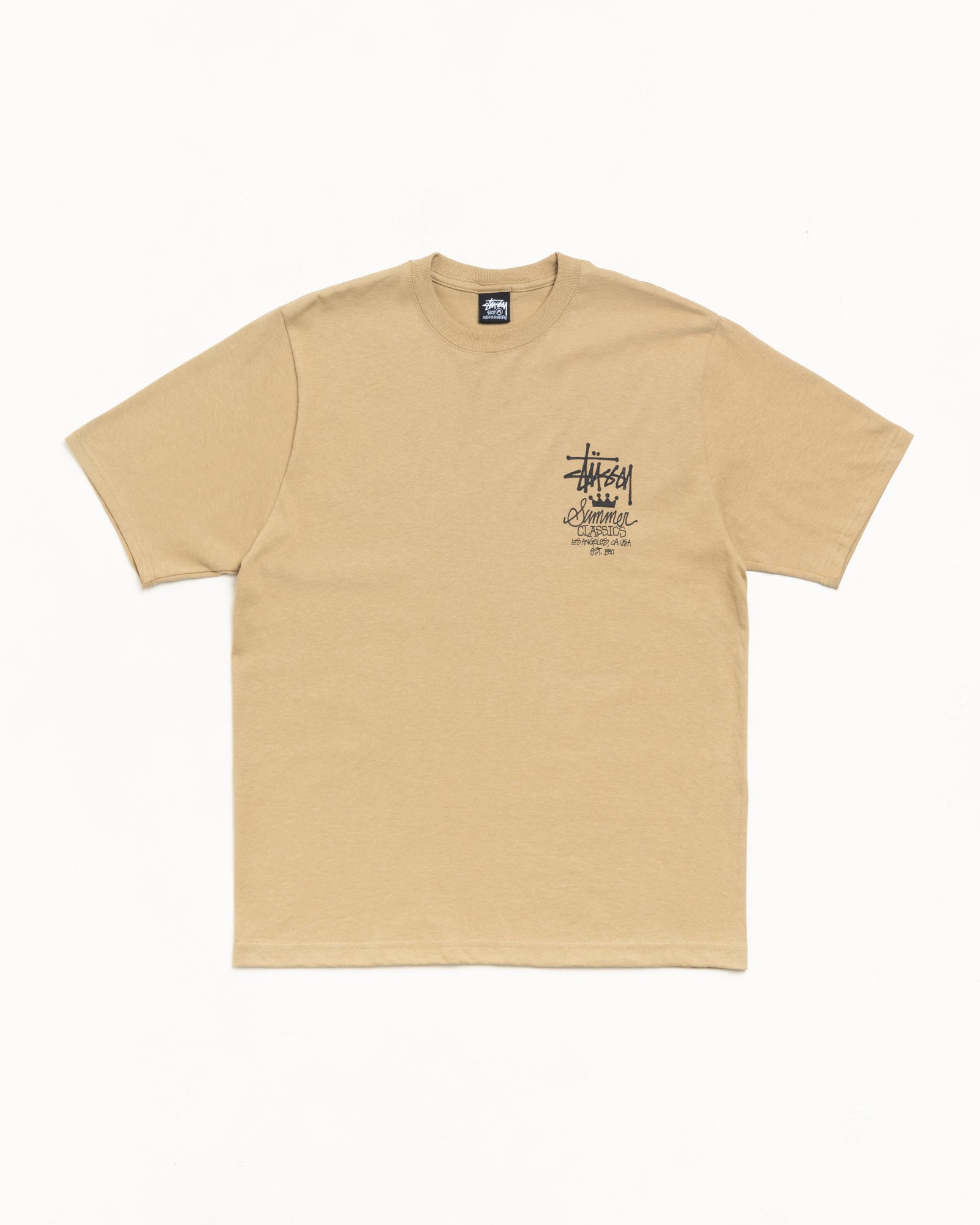 Short Sleeve Tee Unisex In Khaki With Small Chest Graphic and Ribbed Crewneck