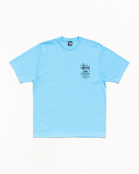 Unisex short sleeve cotton tee in sky blue with small chest graphic