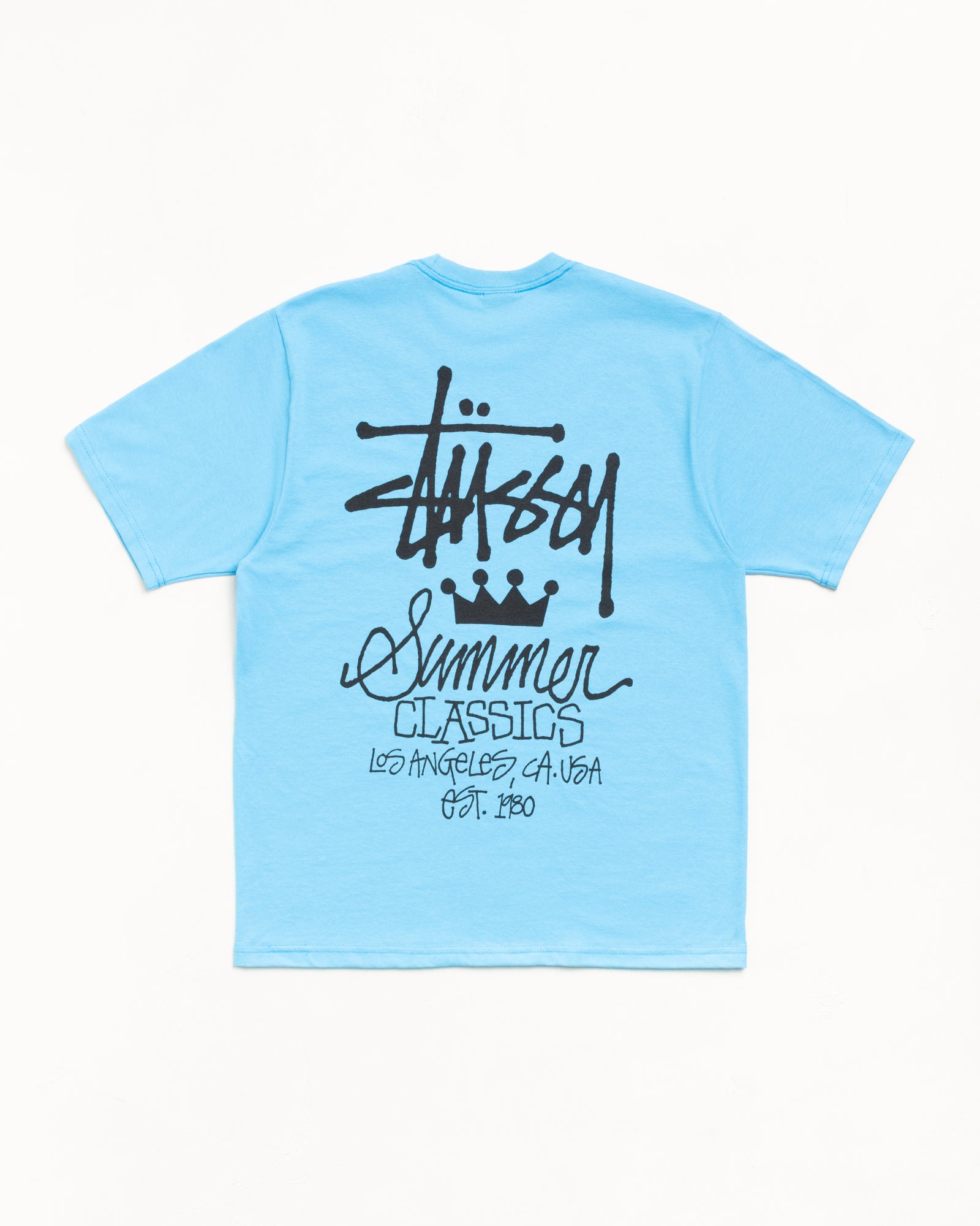 Sky blue short sleeve tee with bold black back logo and Summer Classics script