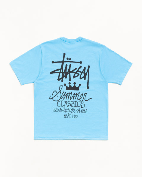 Sky blue short sleeve tee with bold black back logo and Summer Classics script