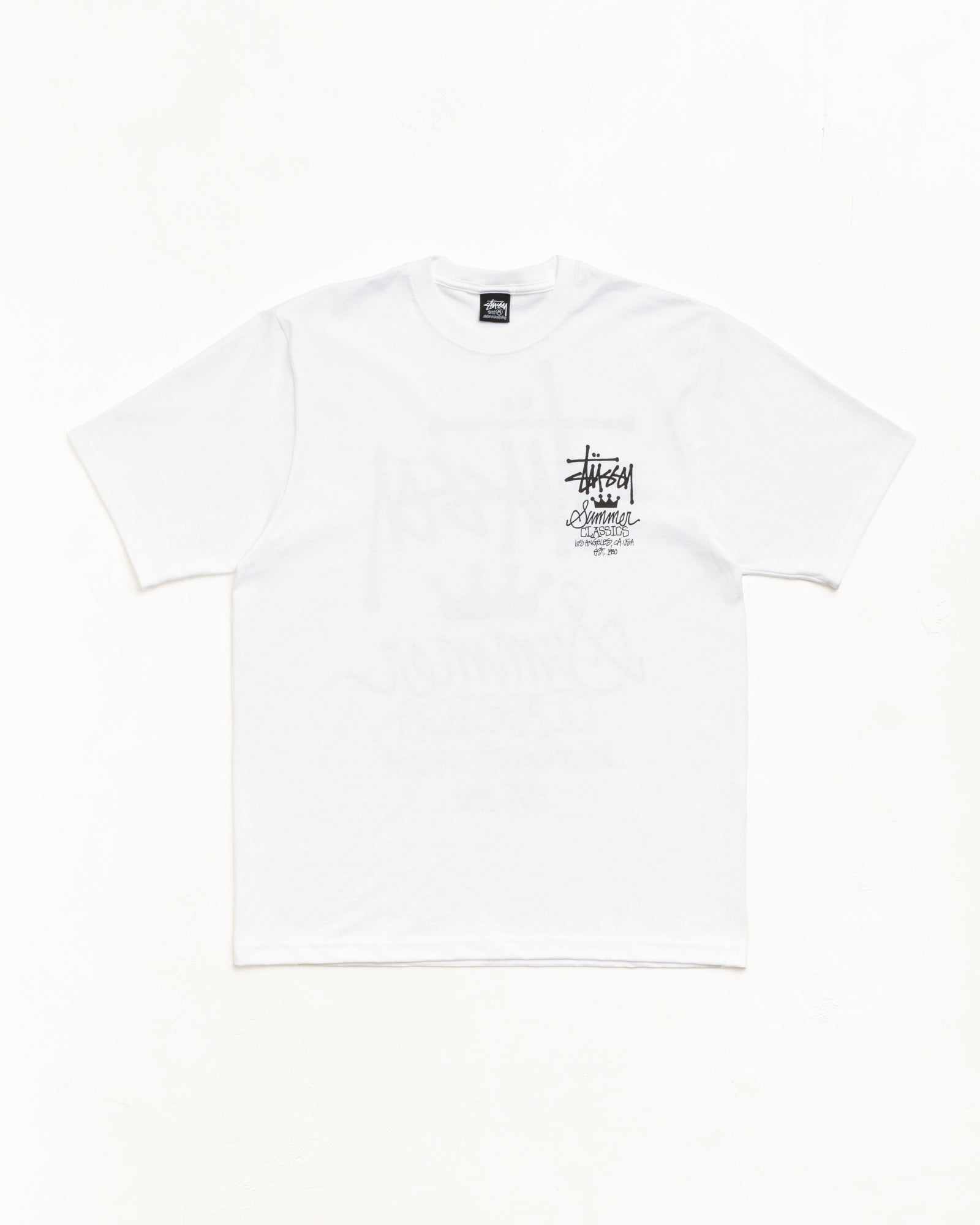 White unisex short-sleeve cotton tee with small black chest graphic