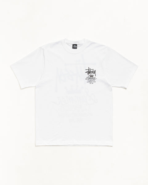White unisex short-sleeve cotton tee with small black chest graphic