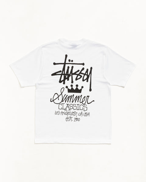 White unisex short-sleeve tee with bold black back script graphic; back view shown