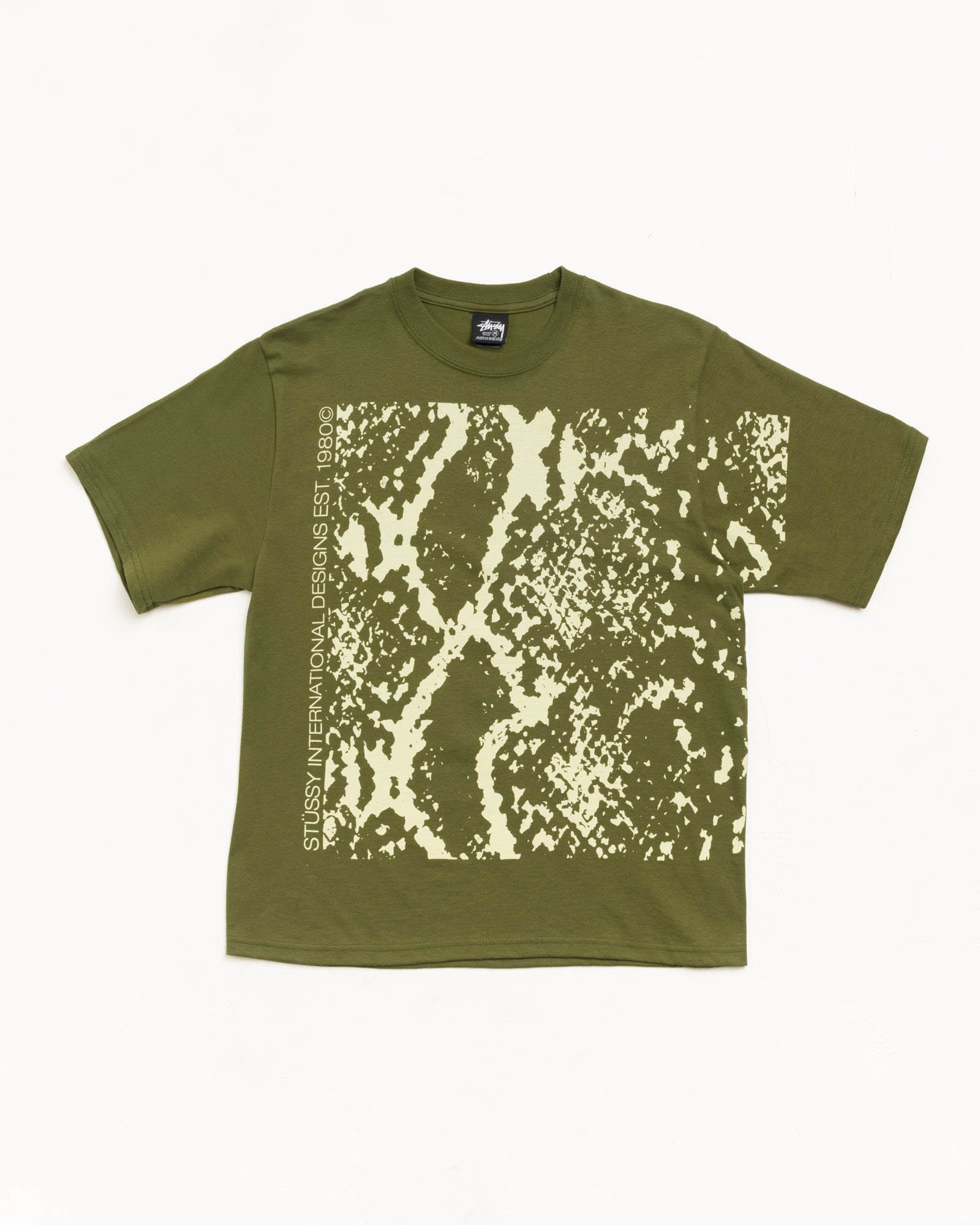 Snakeskin Tee Unisex Short Sleeve In Olive | hero:main:collection:new-arrivals,shirts,tops-shirts,all,tees,outerwear,denim,knits,accessories,sunglasses,hoodies,sweats,mens-hoodies-sweatshirts,shorts,pants,bottoms,crew-sweats,zip-ups,swim,sweatpants,graphics,lazy-tees,swim,basic-9twenty,button-ups,shorts,cargos,denim-jeans,bottoms,bags,belts,wearables,gear,footwear,button-ups,basic-tops,jerseys,big-ol,classics,slim,jackets,all, | product-card-slider