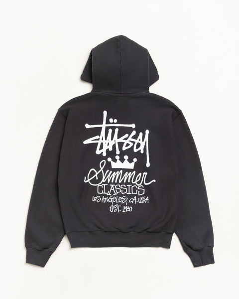 Faded black garment-dyed hoodie, unisex long sleeve with large white back print