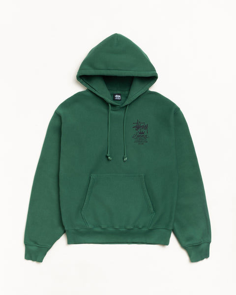 Pine green garment-dyed unisex hoodie with long sleeves and front kangaroo pocket