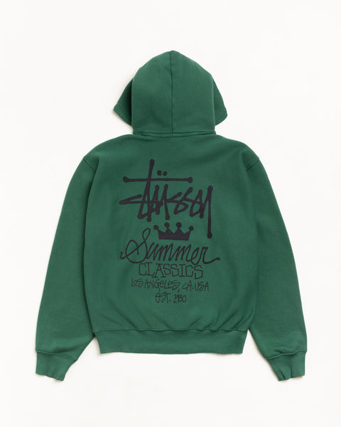 Pine green garment-dyed fleece hoodie with large back logo, unisex long sleeve