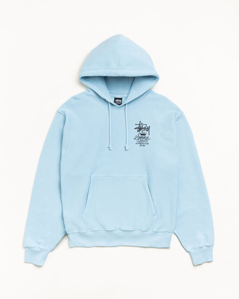 Sky blue hoodie with chest graphic, drawcord hood and kangaroo pocket