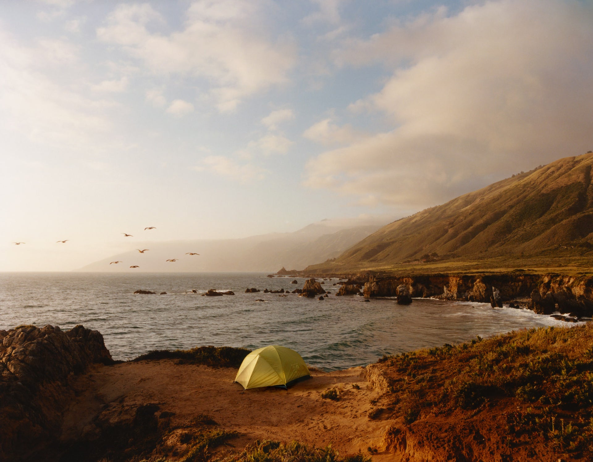 The Stüssy & Mountain Hardwear Mineral King Tent in Citron Green overlooks a rugged coastline, creating a serene outdoor escape for the Mountain Hardwear Collection.
