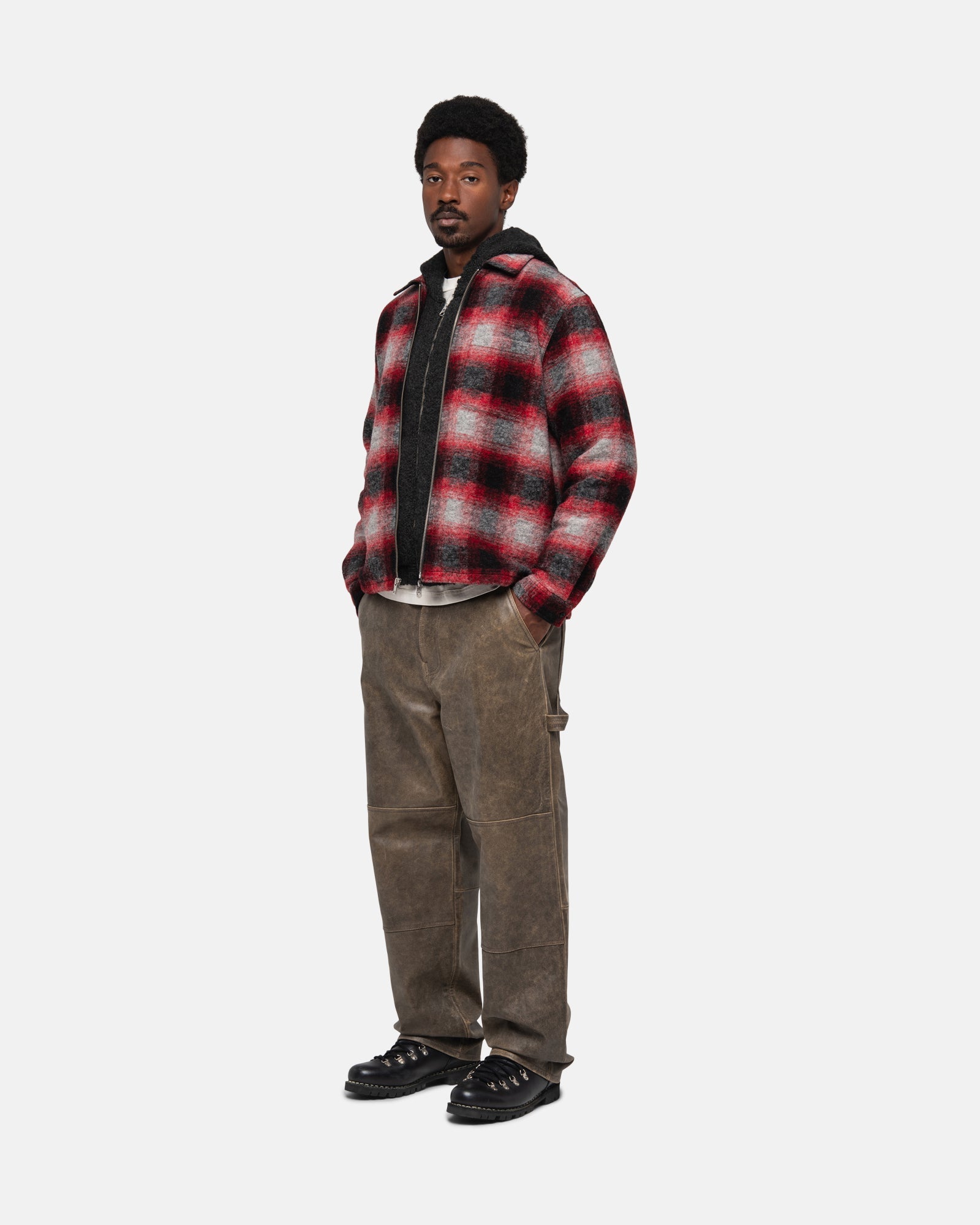 BRUSHED WOOL PLAID ZIP SHIRT